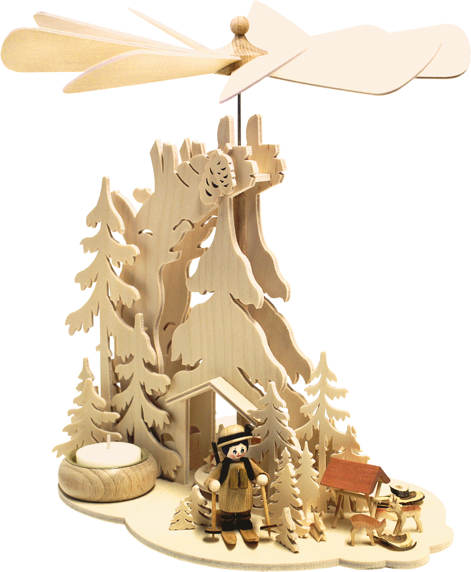 Fir tree pyramid, forester on skis