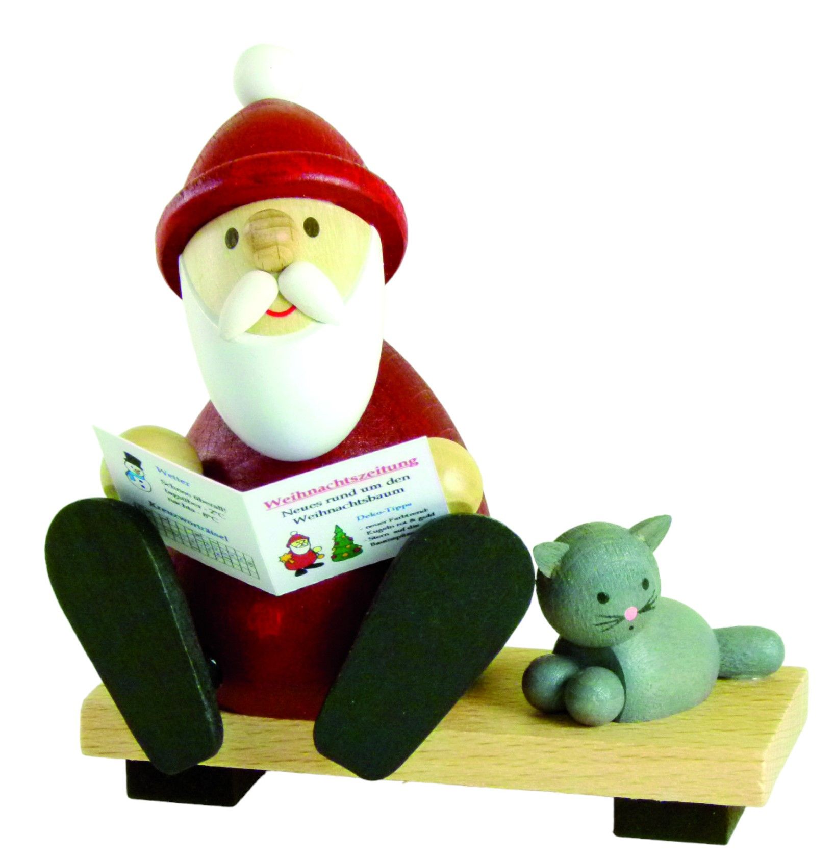 Santa Claus on a bench with a cat