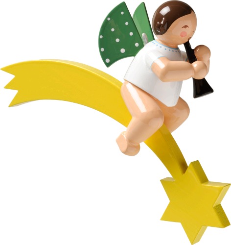 Engel mit Klarinette, auf Komet, dunkles Haar