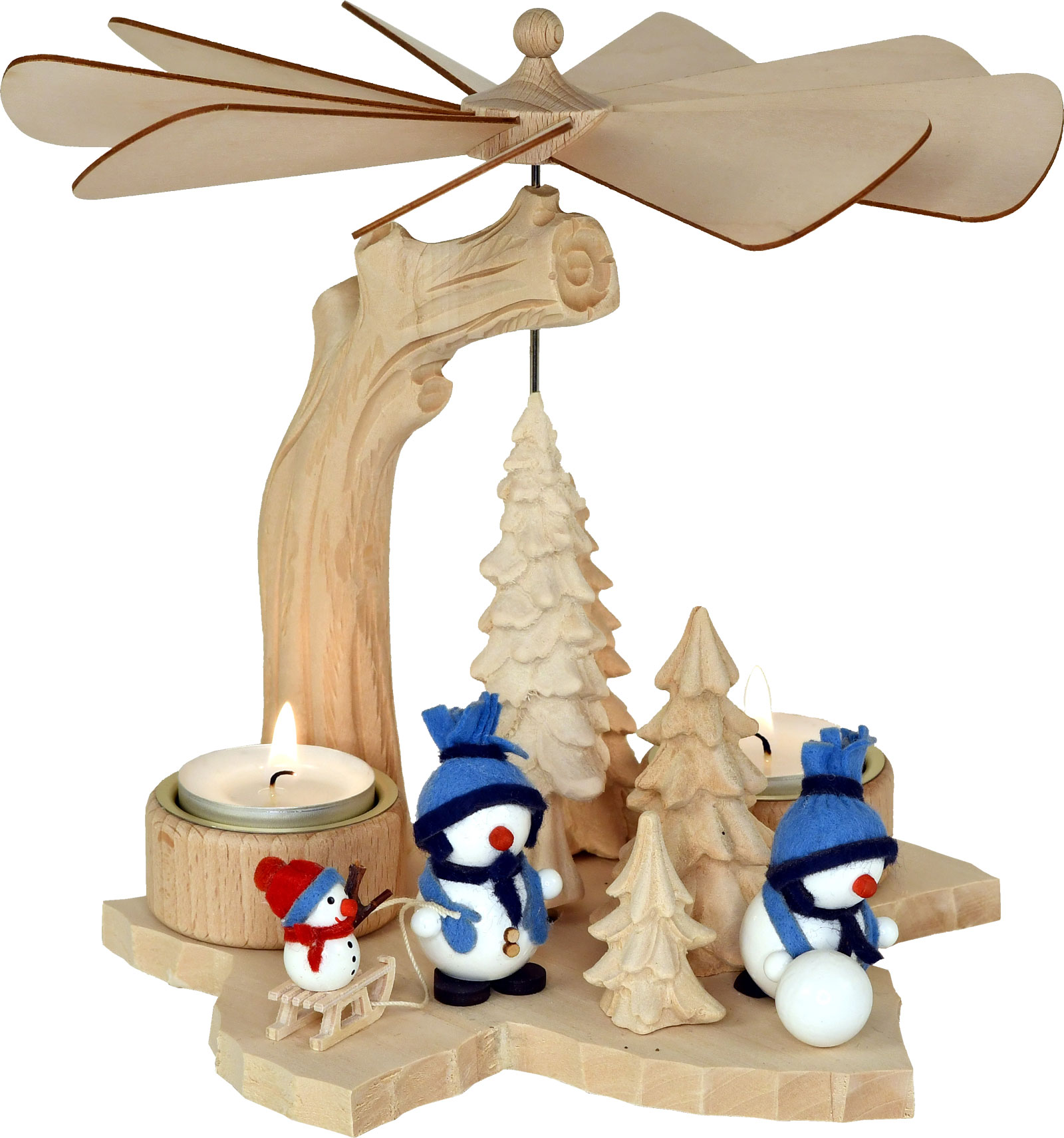 Massivholzpyramide, 3 Schneemänner blaue Mützen