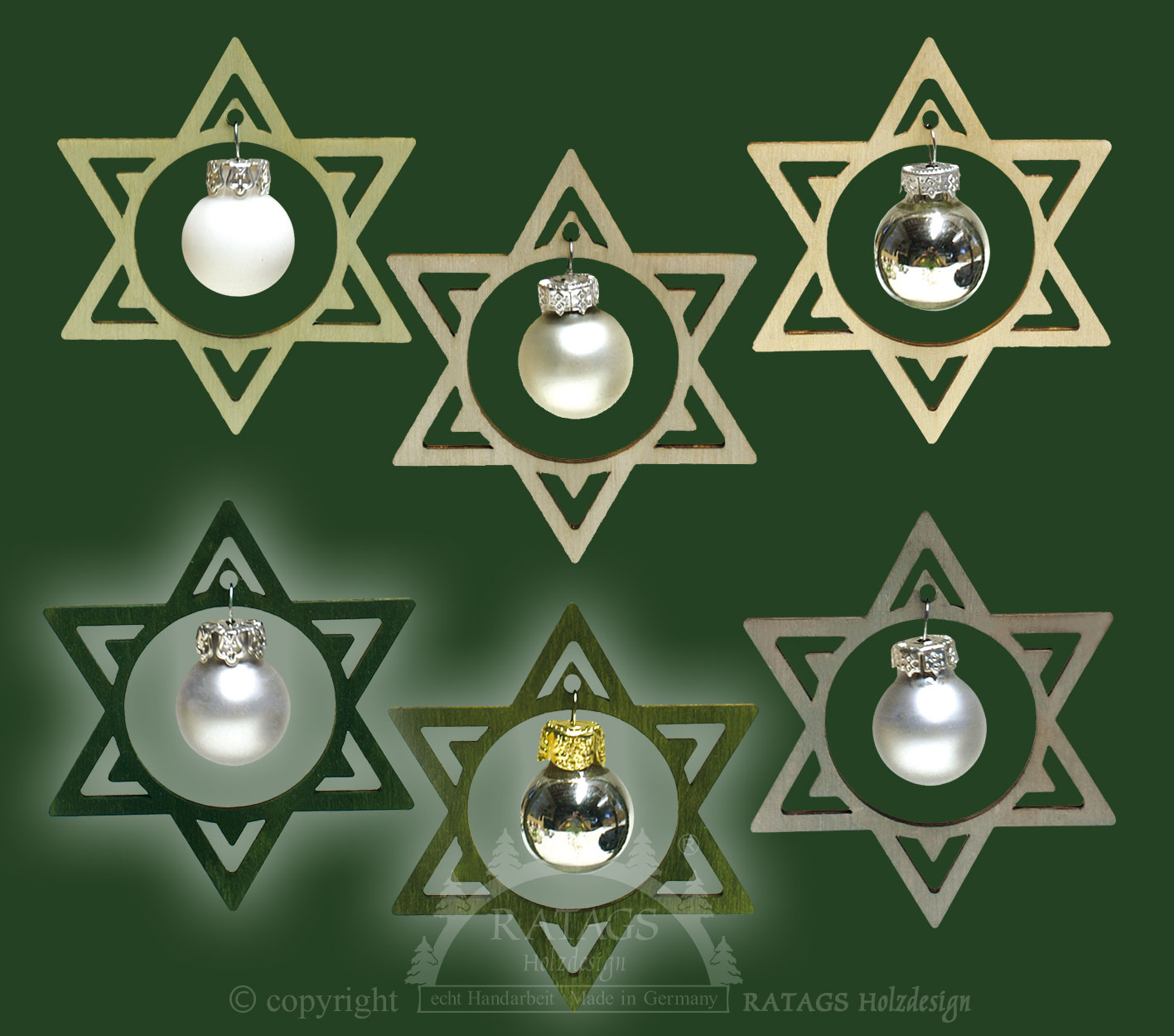 Tree decoration, set of 6, silver ball in star