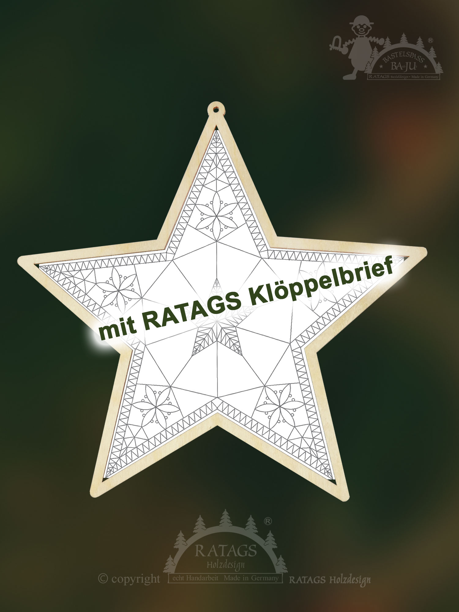 Kantklosframe, ster om op te hangen met RATAGS kantklospatroon