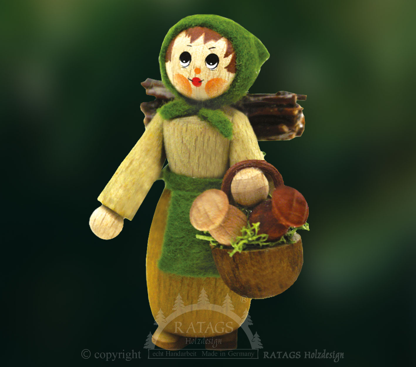 Figur, Waldfrau mit Pilzen und Reißig, grün