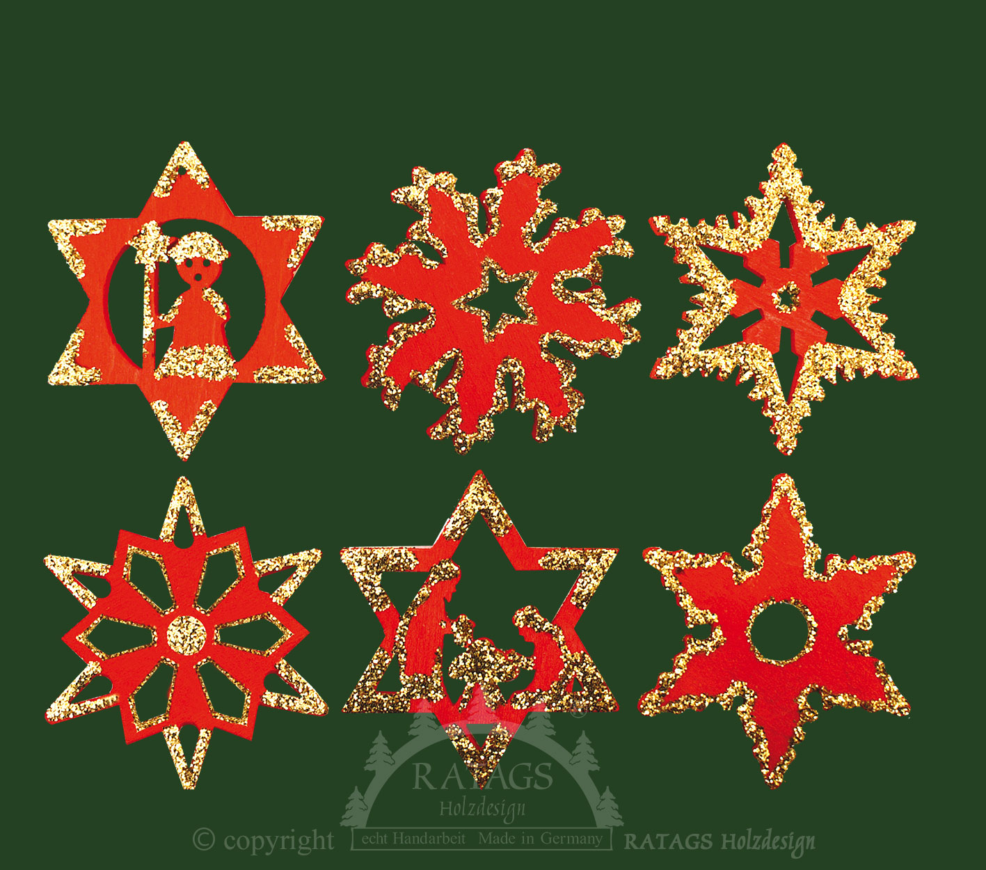 Baumbehang, 6er Set, Sterne, rot-gold