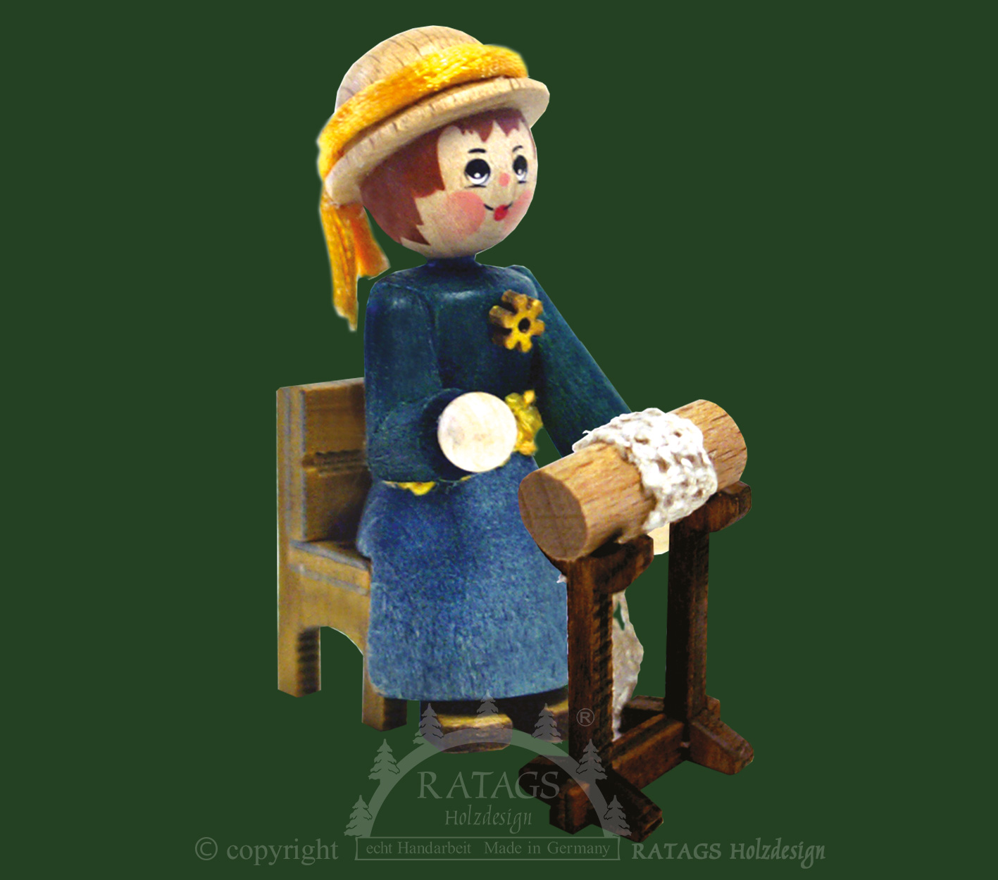 Figure, lace maker on chair, dark blue dress