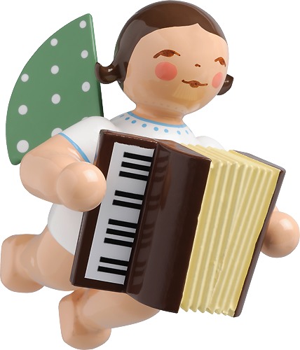 Engel mit Akkordeon, schwebend dunkles Haar