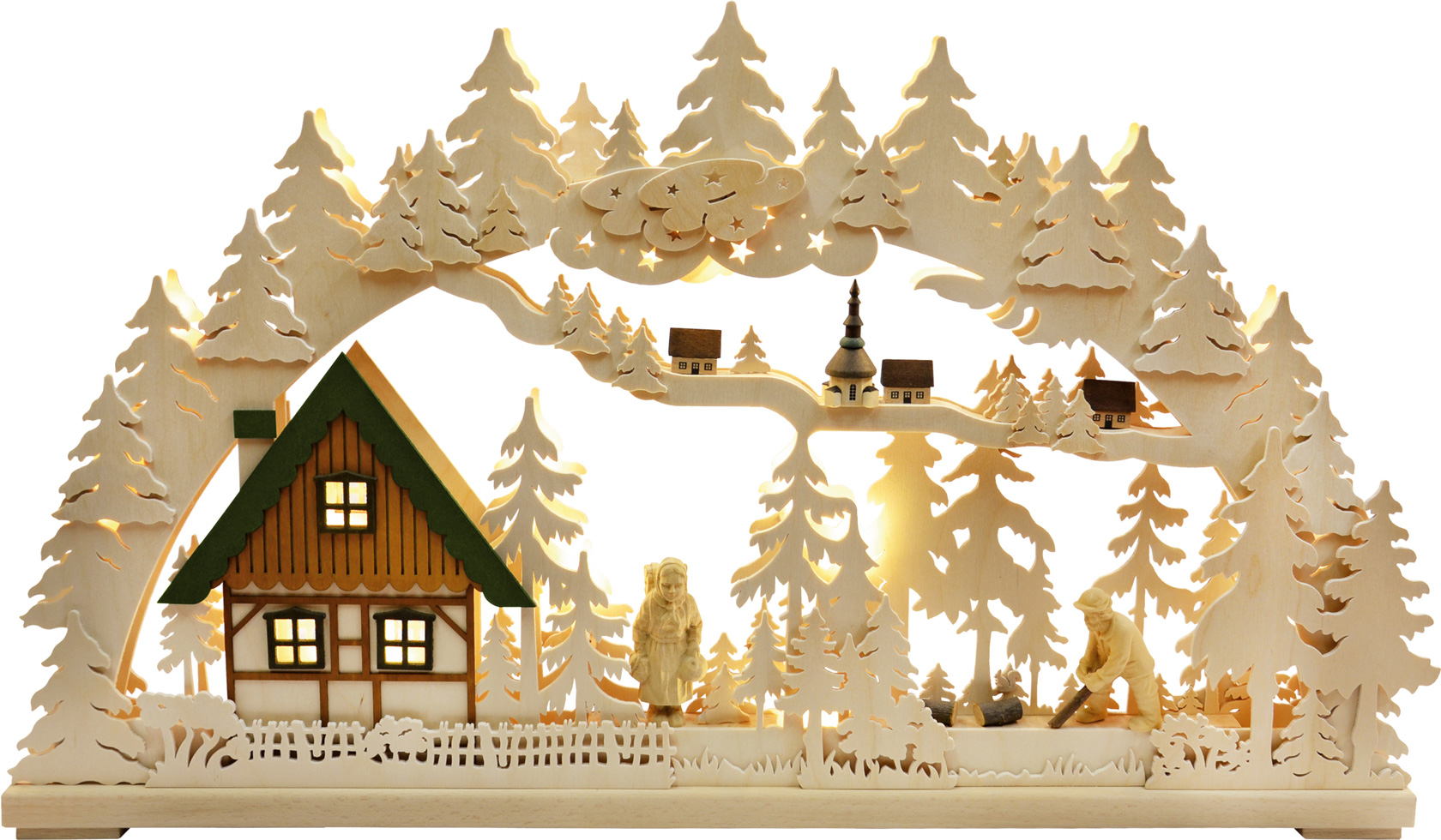 3D-Schwibbogen gr., Altseiffen, geschnitzte Figuren, grün-ocker