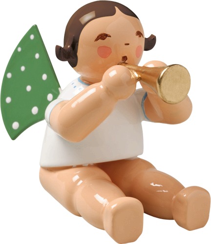 Engel mit Flöte, sitzend, ohne Sockel dunkles Haar