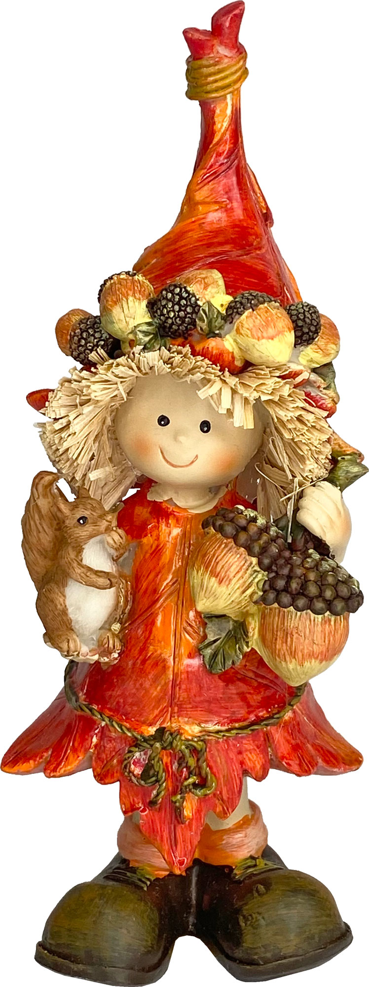 Autumn figure with squirrel and pointed cap, coloured synthetic resin, interior decoration