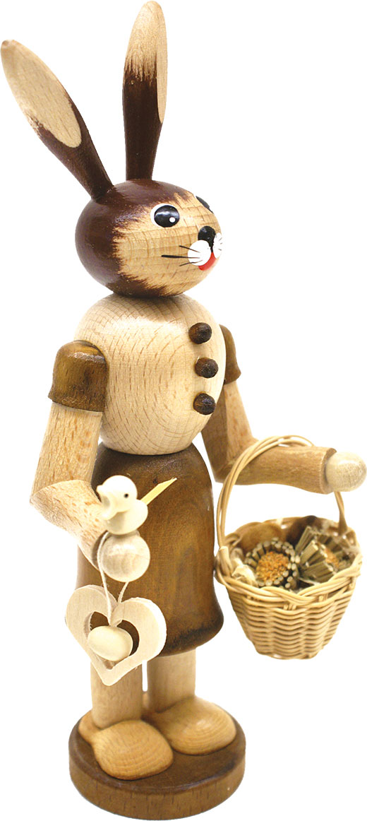 Rabbit woman with flower basket, heart and bird