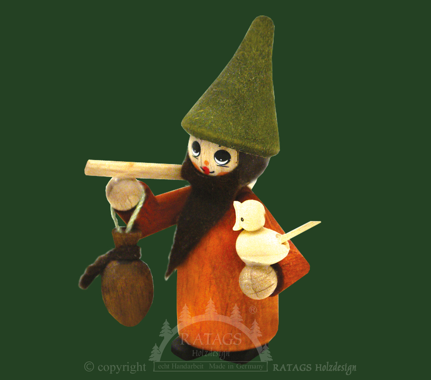 Figura, enano con bolsa de mano, hacha, pájaro.