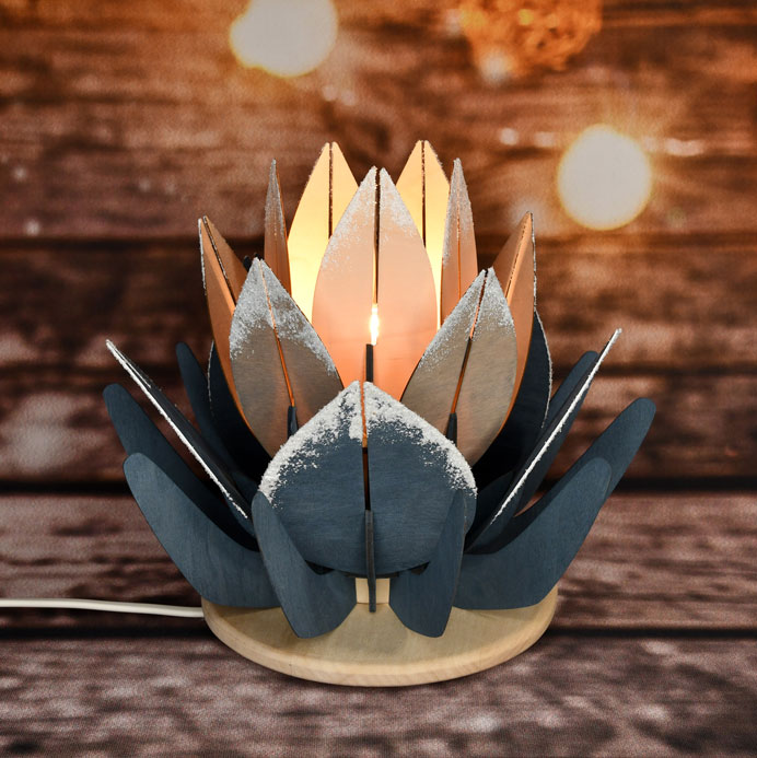 Romantic lamp, 3D lotus flower in shades of blue, hoarfrost