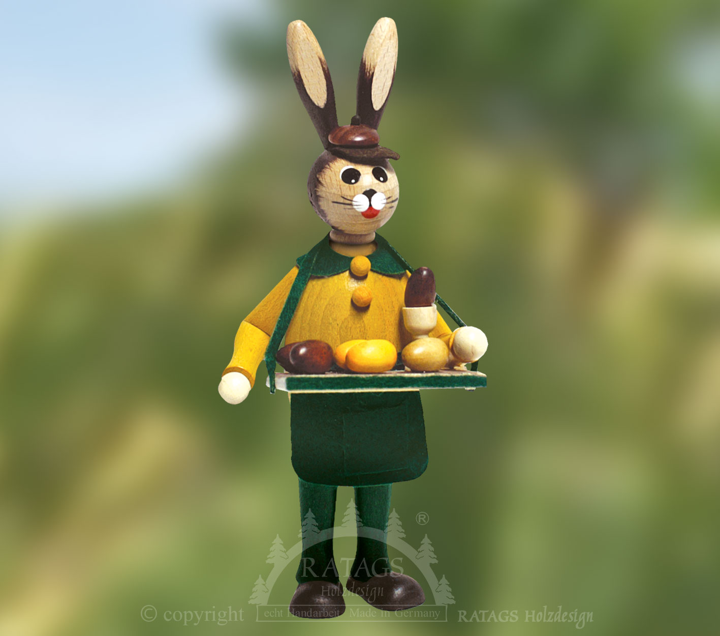Rabbit father, tray with eggs, yellow-green