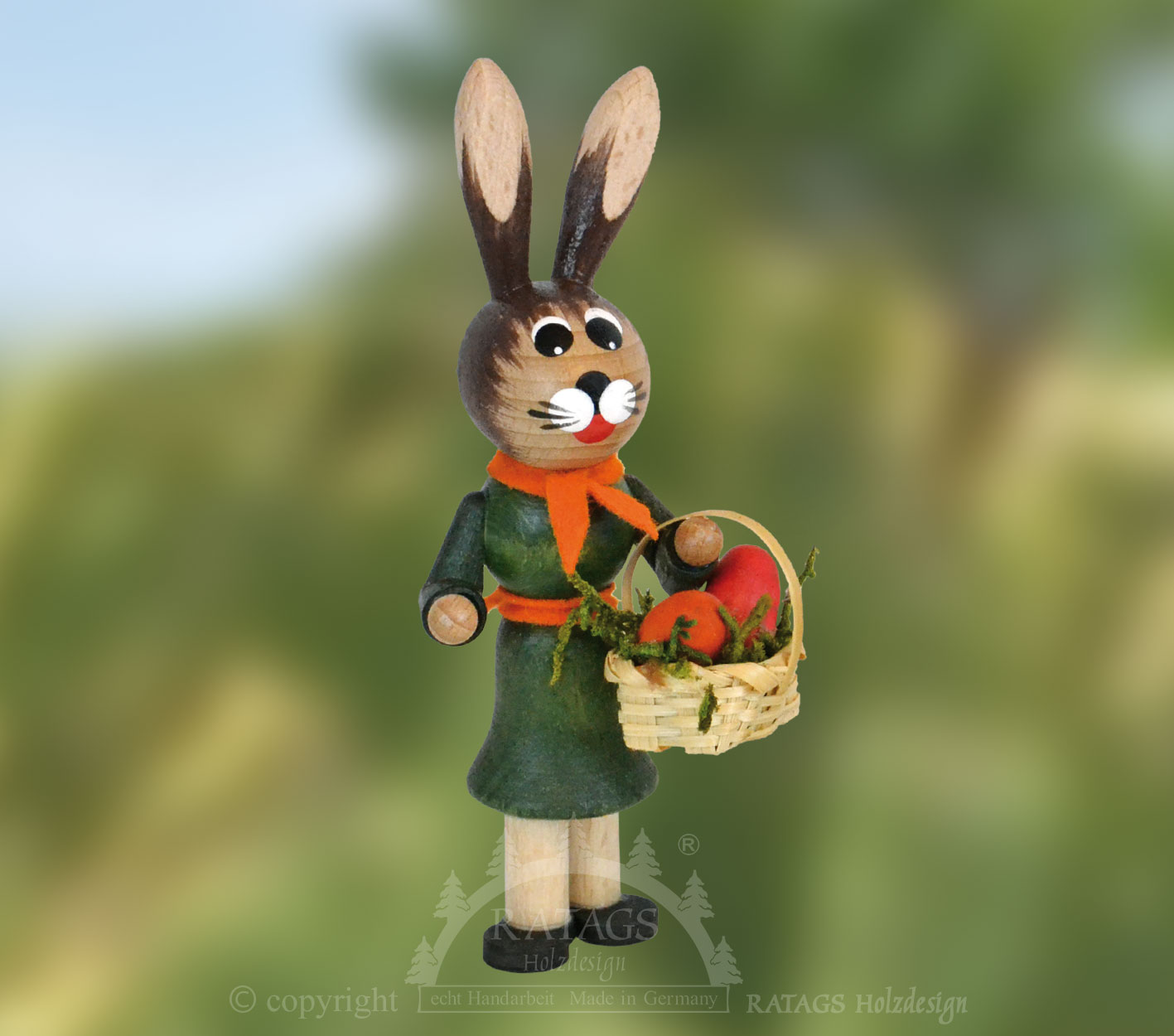 Velikonoční zajíček, zelený/oranžový, s košíčkem na vajíčka