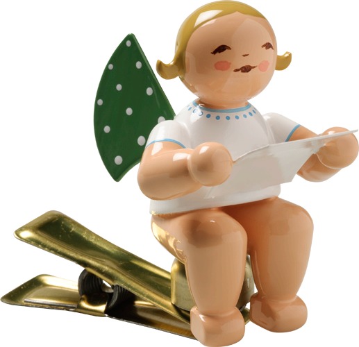 Engel mit Notenblatt, auf Klemme blondes Haar
