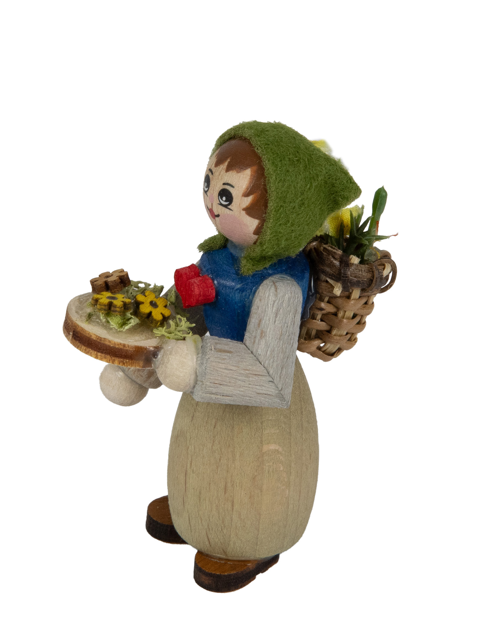 Figur, blomsterkvinna, blomsterskål och korg