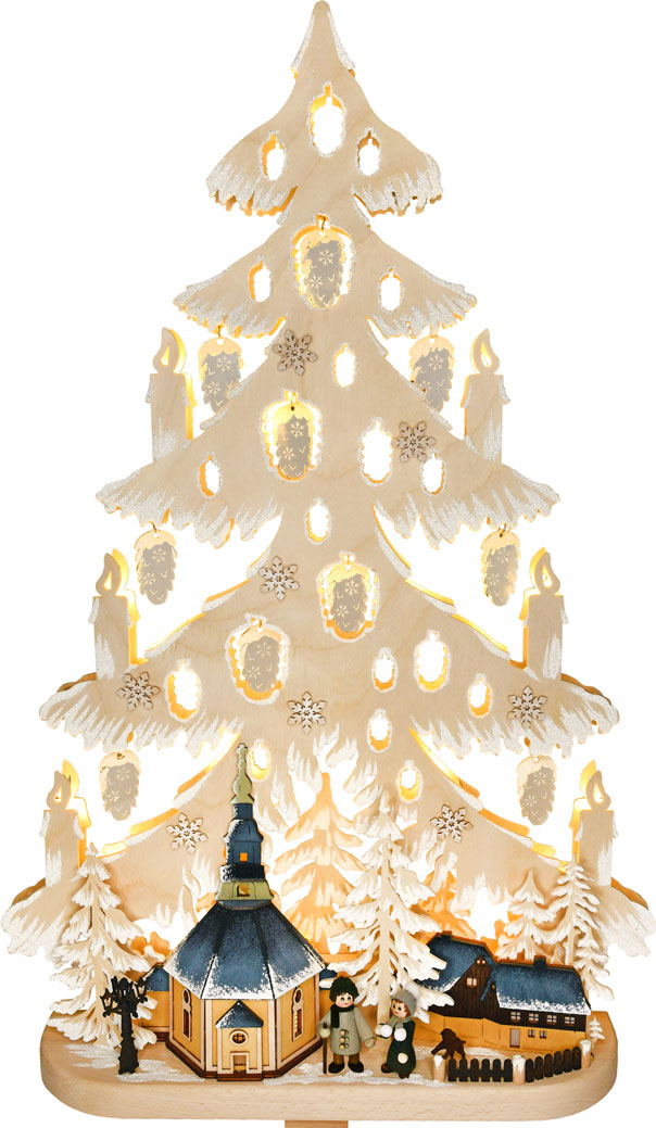 Abeto grande, iglesia de Seiffen, LED, piñas de cristal acrílico, tejados teñidos.