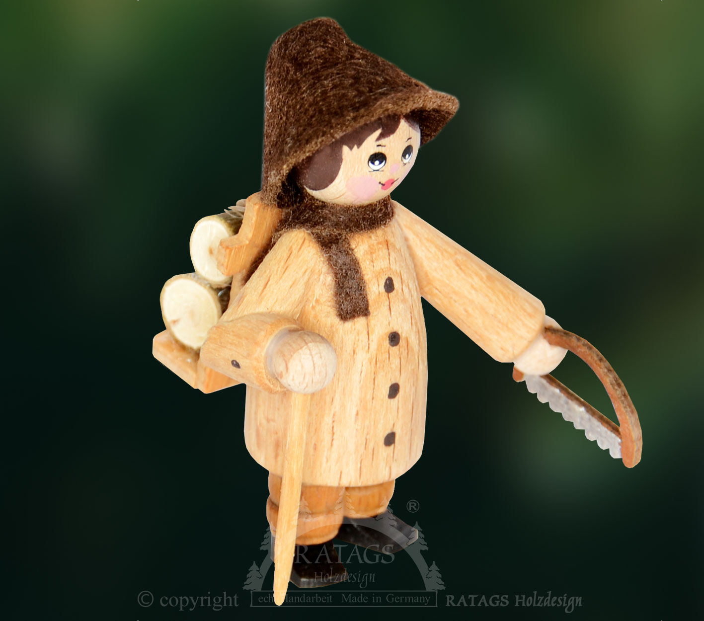 Figurina, boscaiolo, gerla di legno, bastone, sega