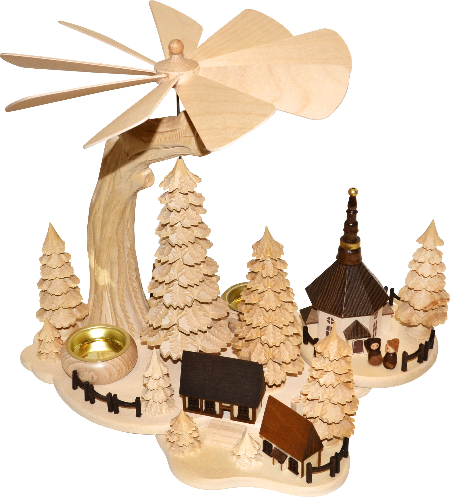 Solid wood pyramid, church, carved trees