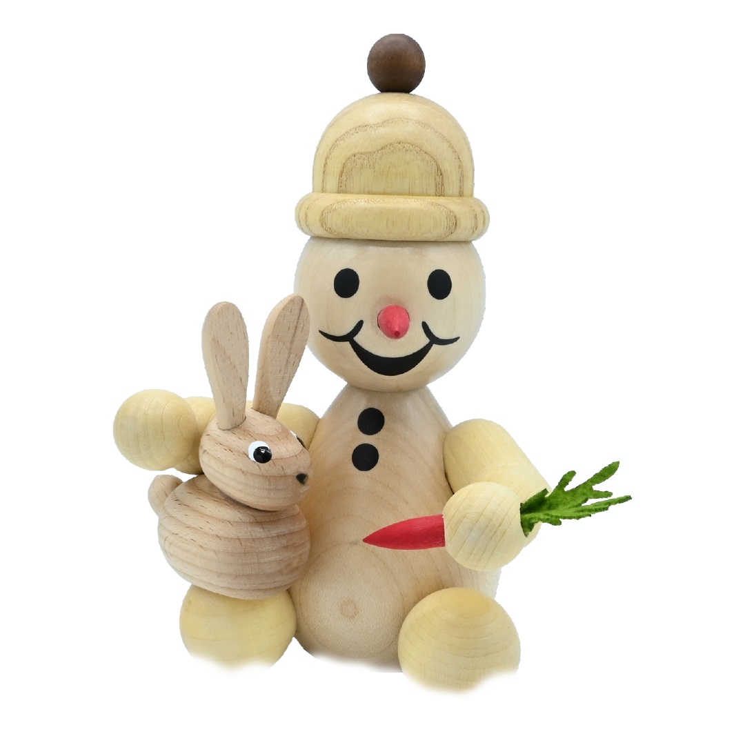 Snowman Junior sitting with rabbit Height 14.5 cm