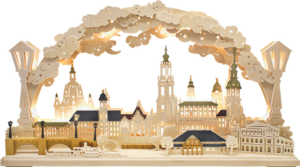 3D-Schwibbogen groß, Silhouette Dresden, gebeizt
