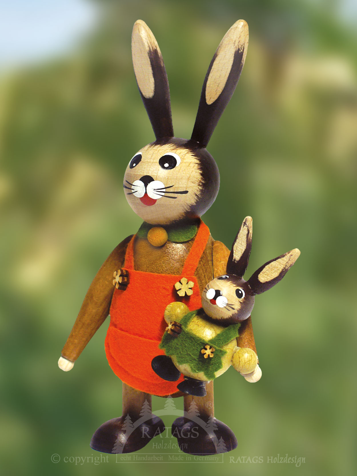 Rabbit woman with child, orange apron