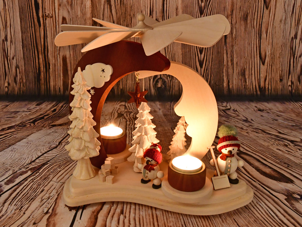 Pyramide en bois massif, boules de neige, rouge