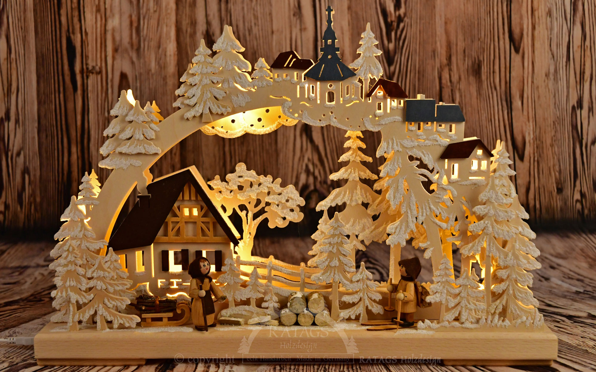 Small 3D Schwibbogen, wooden collectors, coloured roofs, hoarfrost