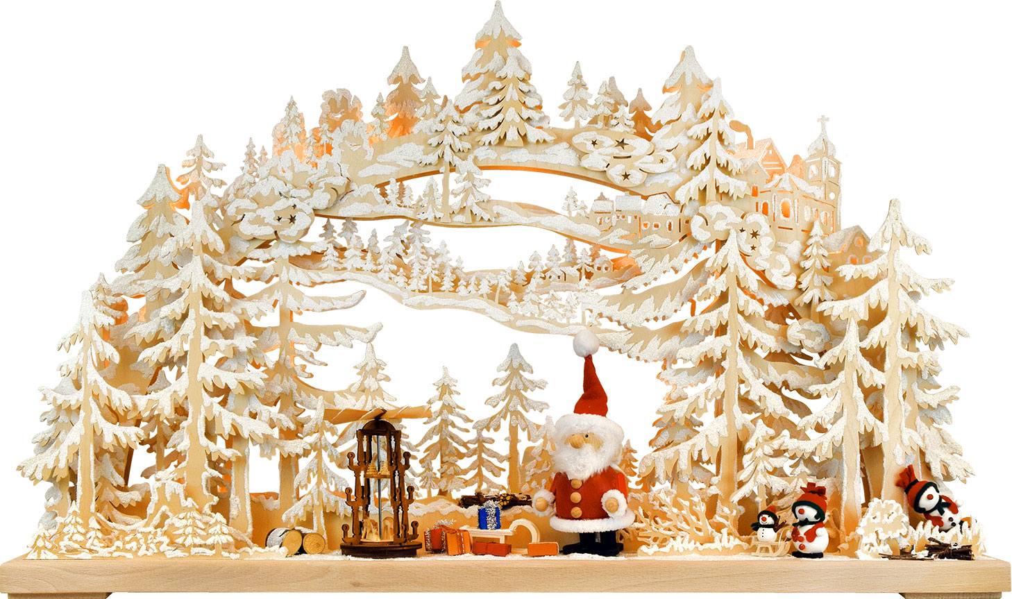 3D-Schwibbogen groß, Weihnachtsmann, Schneemänner, Raureif