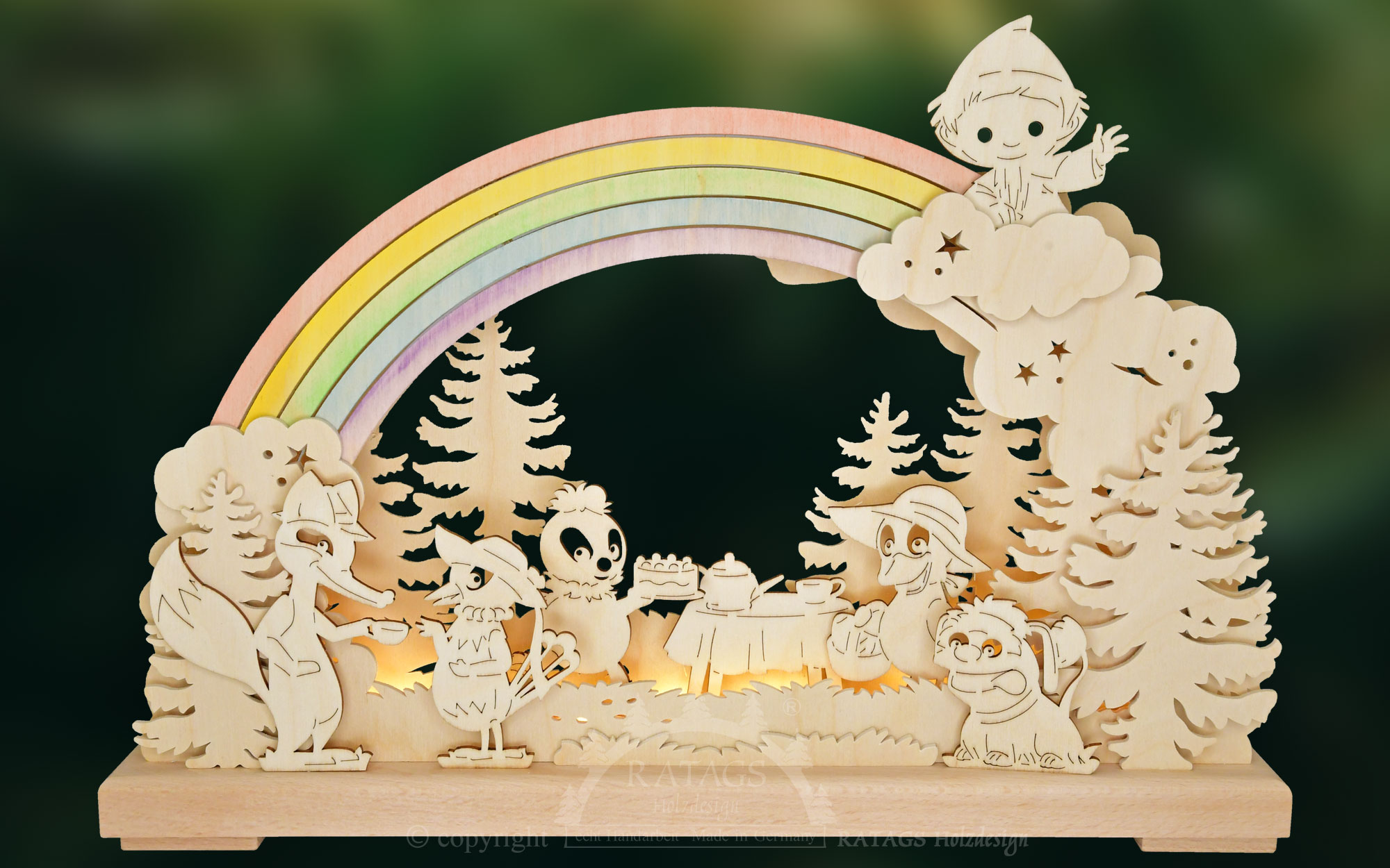 Small 3D LED Schwibbogen, Sandmännchen and friends under the rainbow