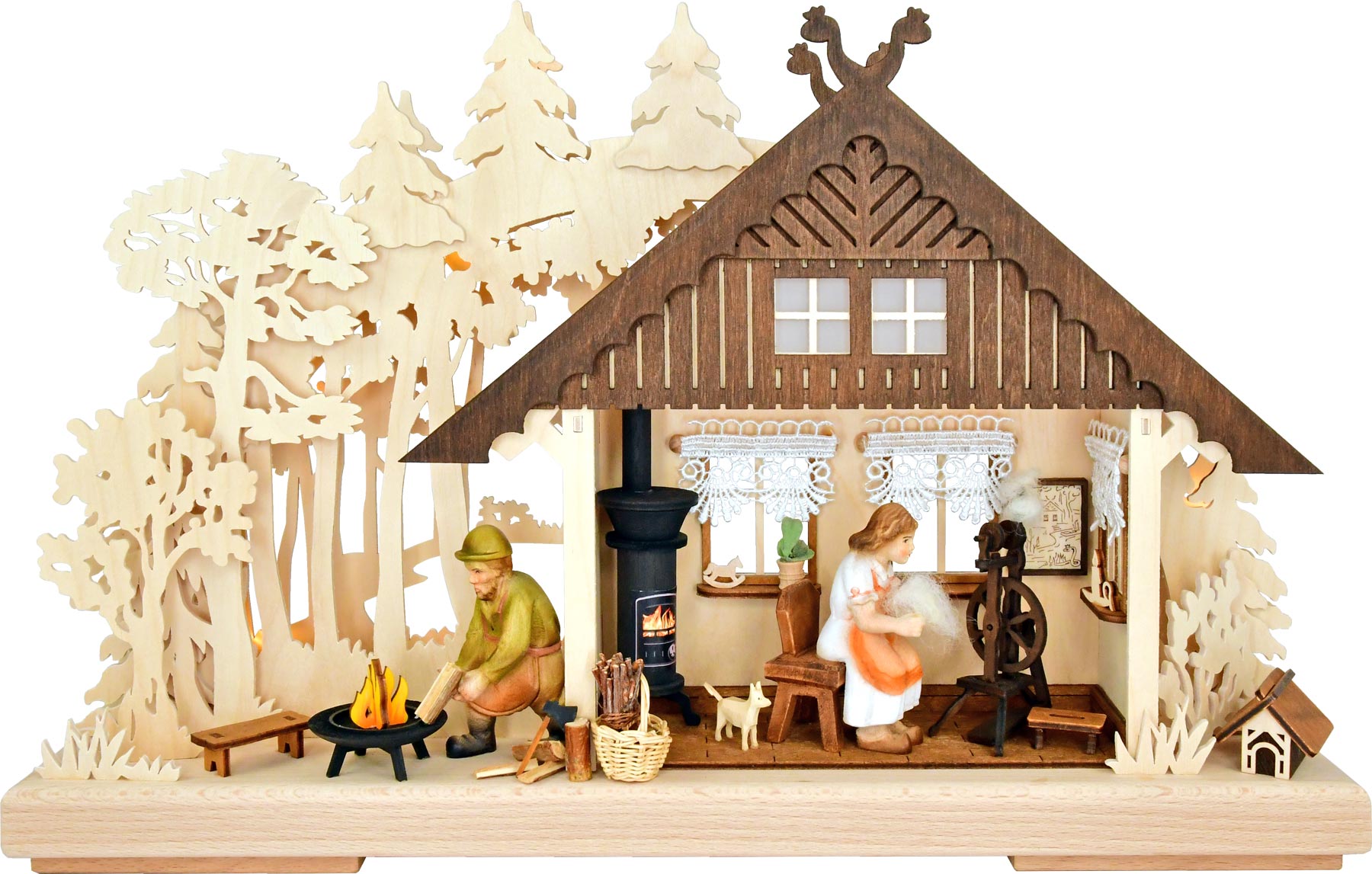 3D-ljusbåge, liten hantverksstuga med öppen spis