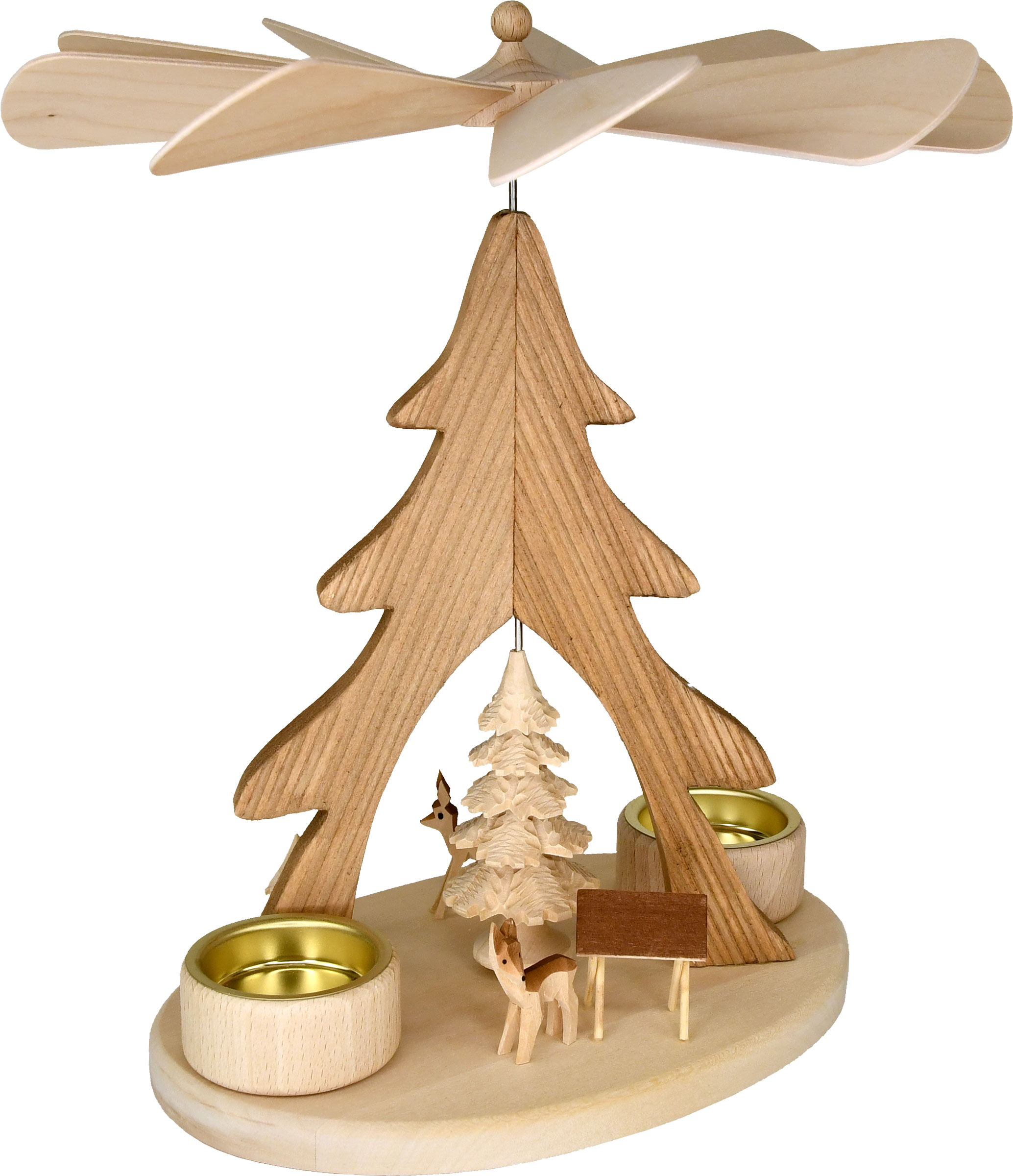 Solid wood pyramid, oval, 3 deer with manger and tree