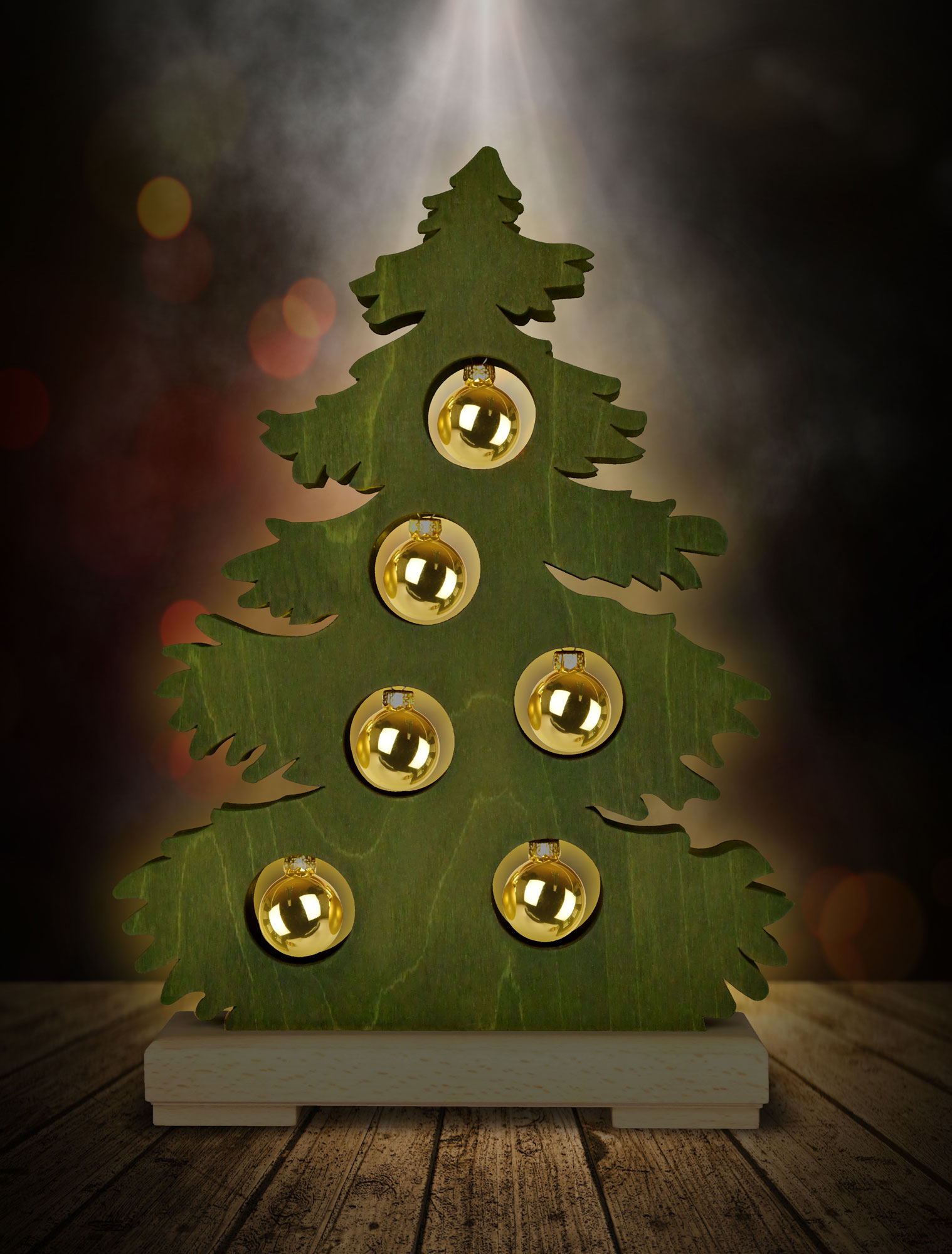 Small fir tree, green stained, golden baubles, full USB