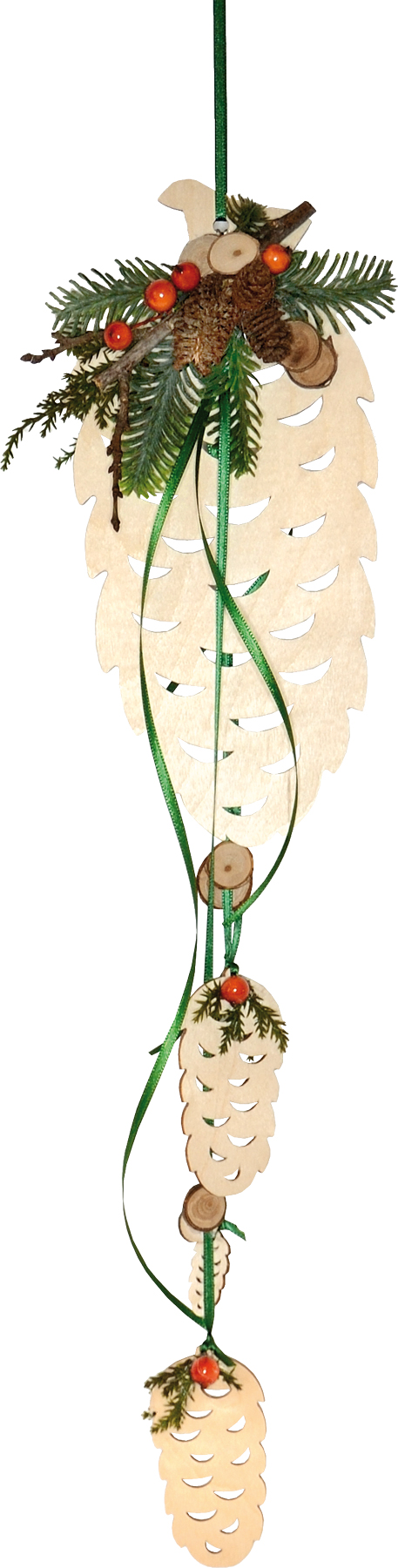 Window decoration, cones, green ribbon with floral decorations