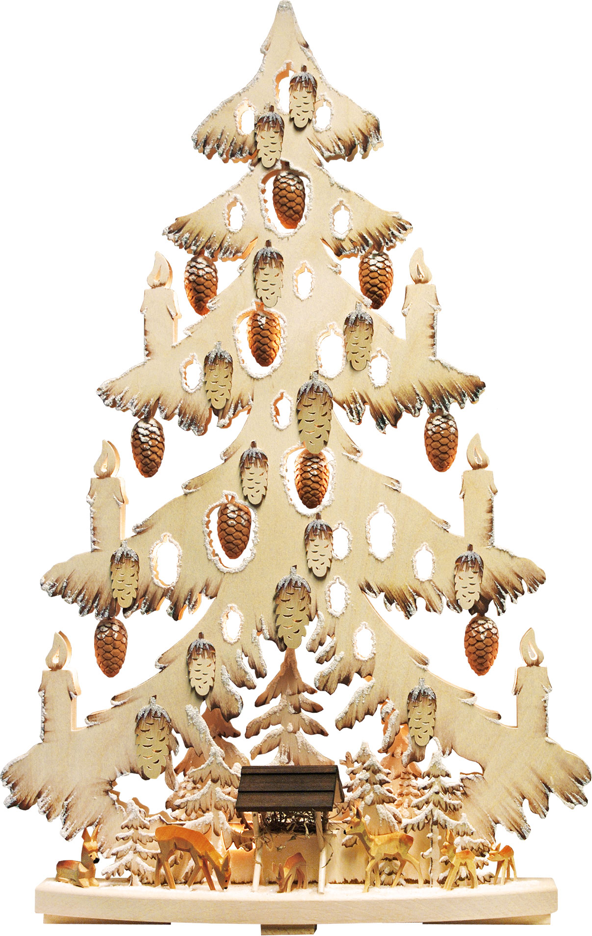 Large fir tree, carved cones, feeding station, hoarfrost, hand-painted brown