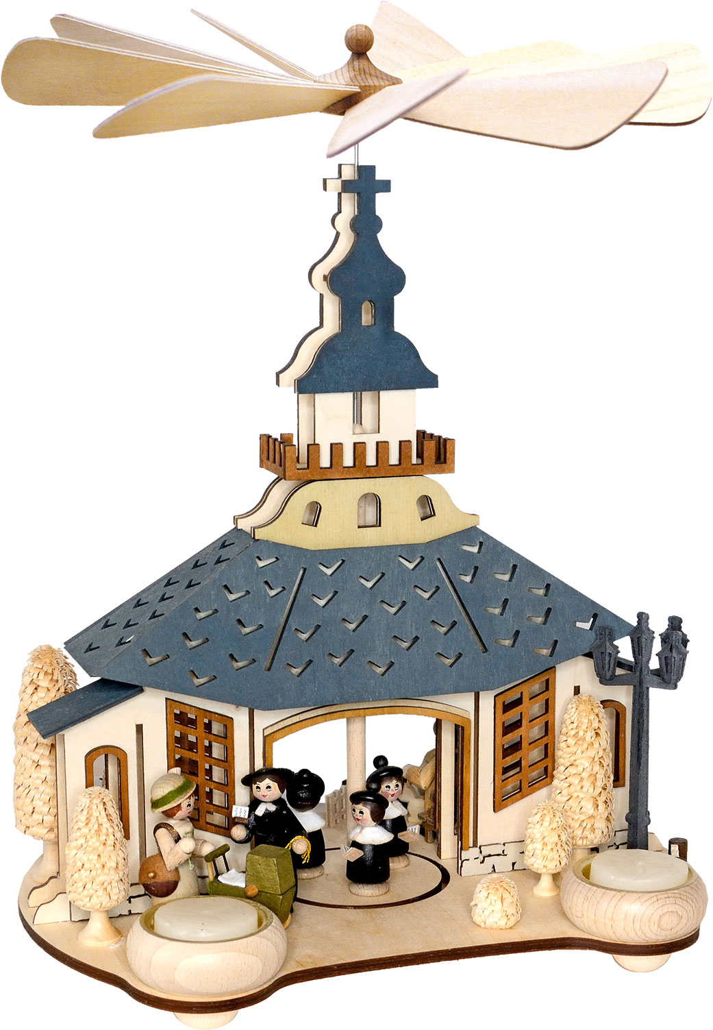 Church pyramid, carol singers, pastor
