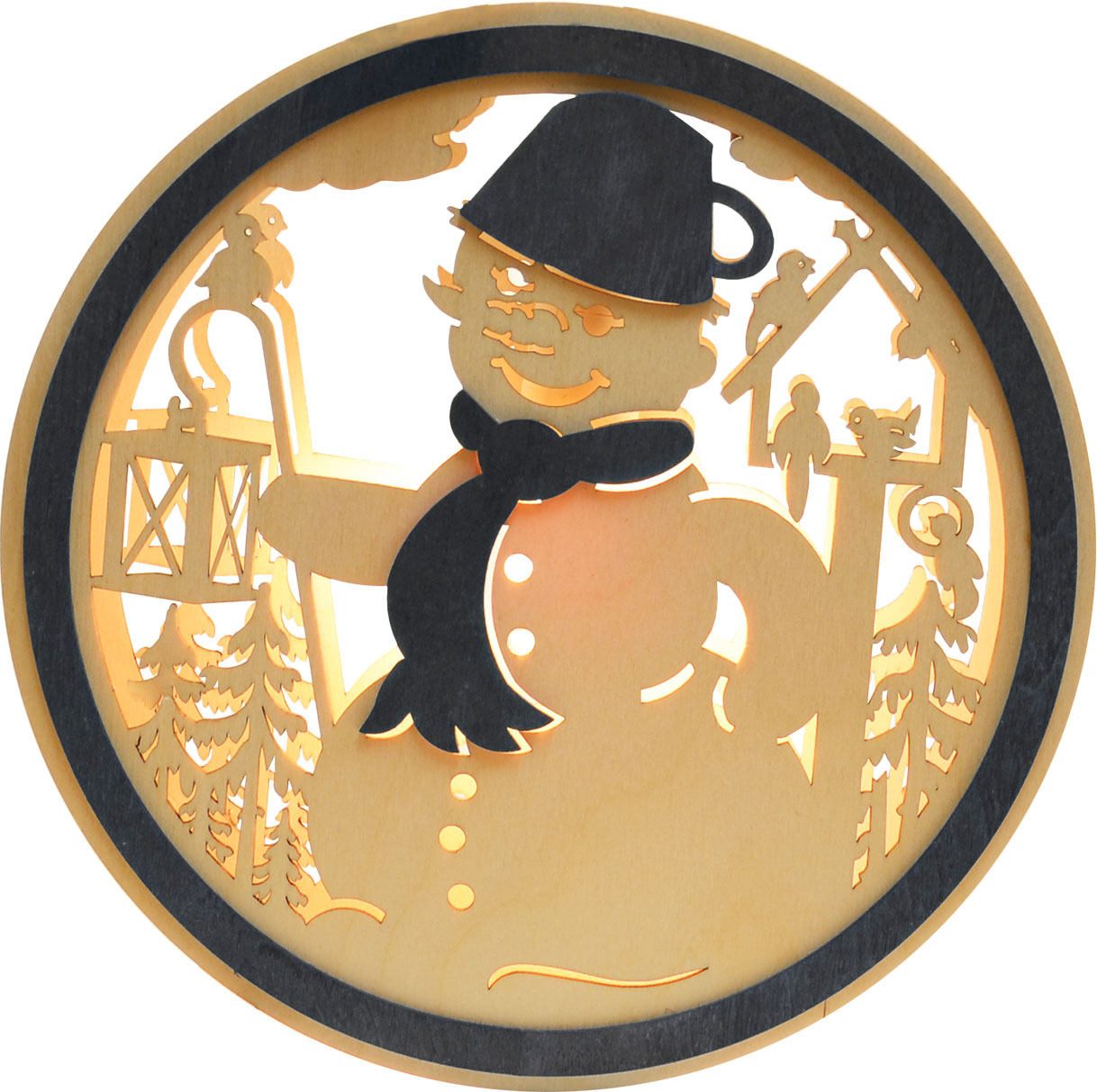 Window picture, illuminated, snowman grey-natural, round