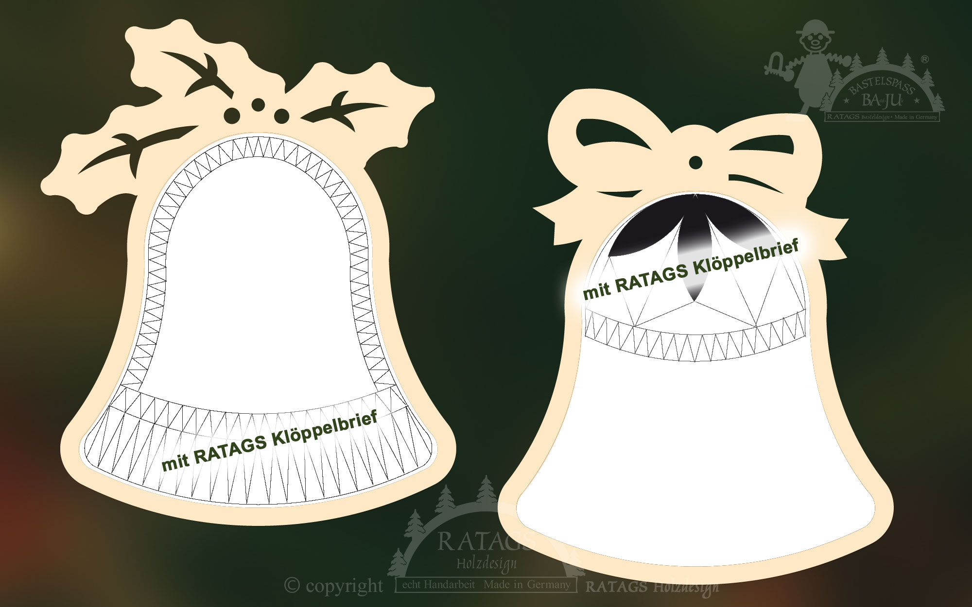 4 Klöppelrahmen, Glocken zum Anhängen mit 2 RATAGS Klöppelbriefen