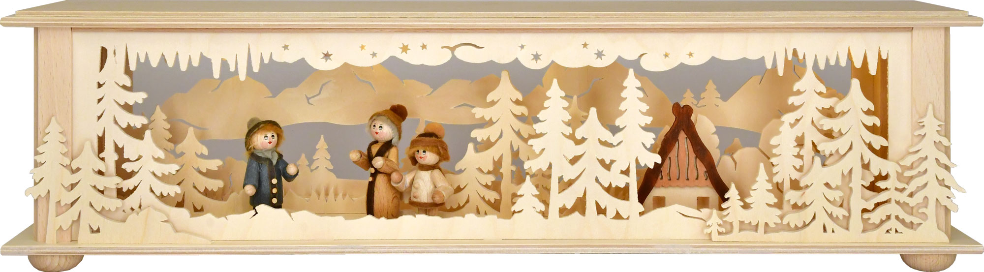 Luminária pequena, casinha, 3 figuras de inverno