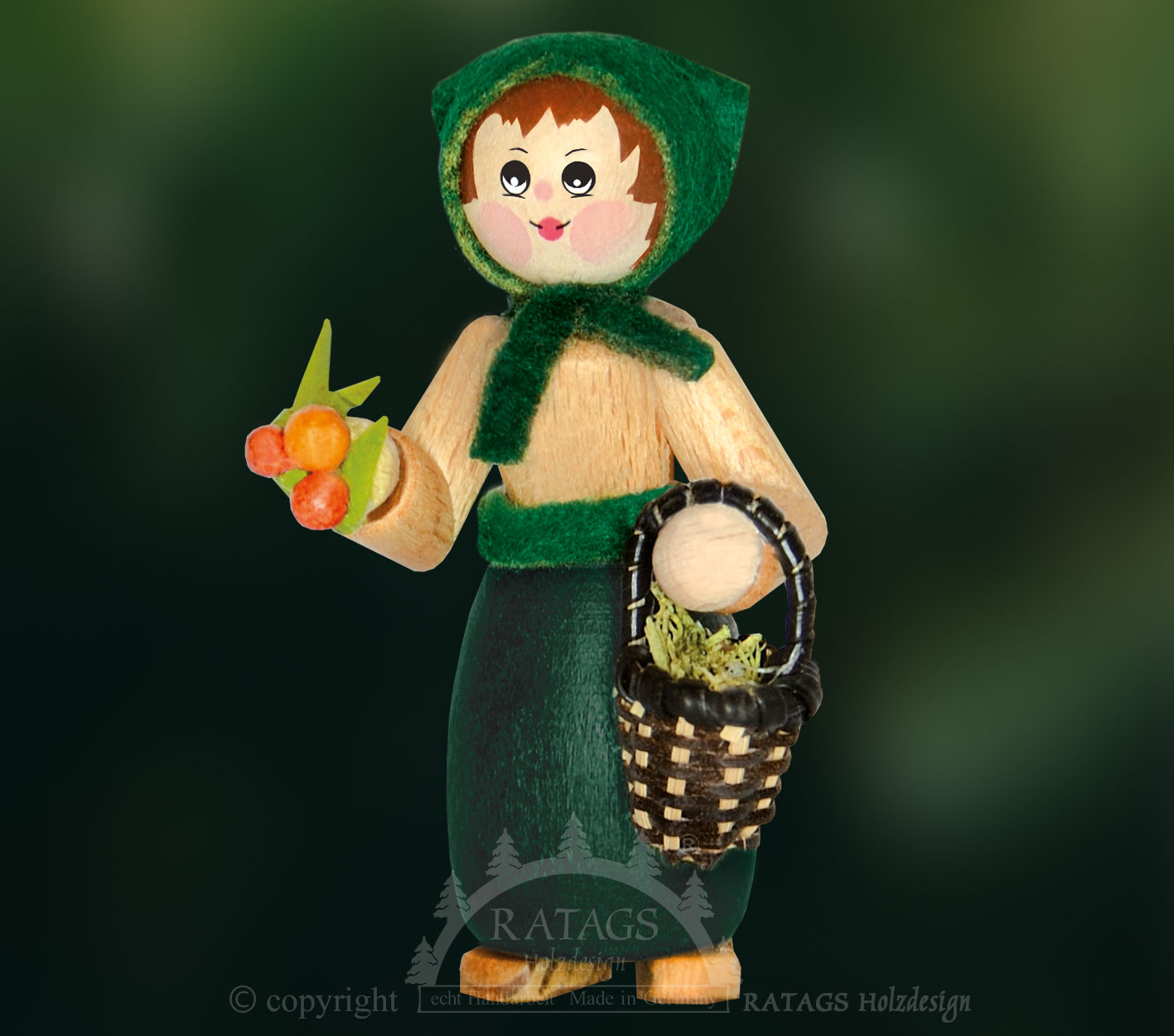Figura, guarda florestal com cesta e bagas