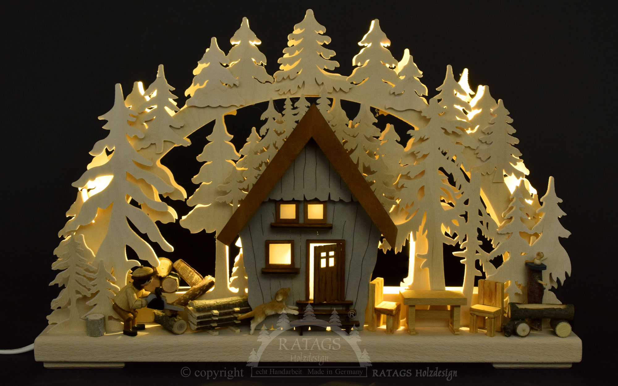 3D-Schwibbogen kl., Waldhaus mit Forstarbeiter 3D-Schwibbogen kl., Waldhaus mit Forstarbeiter