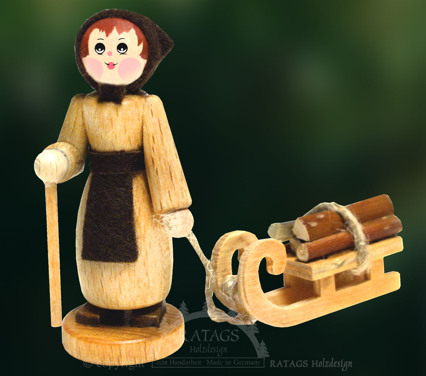 Figur, Holzsammlerin, Schlitten, Stock, natur Figur, Holzsammlerin, Schlitten, Stock, natur