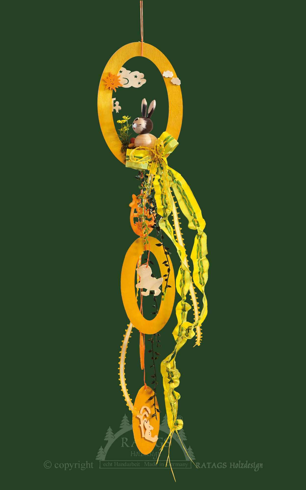 Window decoration, unlit, hanging, rabbit, egg, sun, cloud, orange