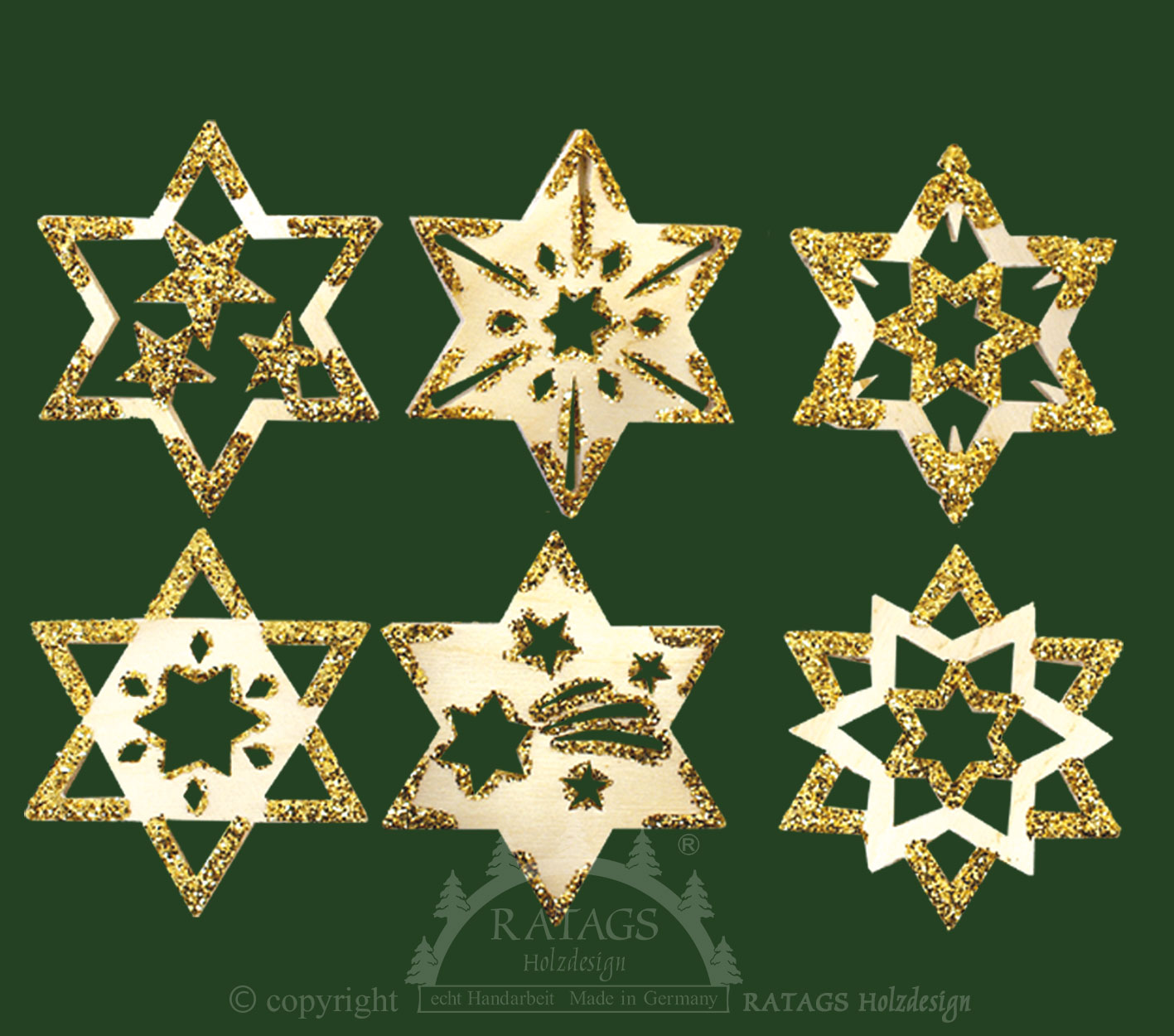 Baumbehang, 6er Set, Sterne, natur-gold