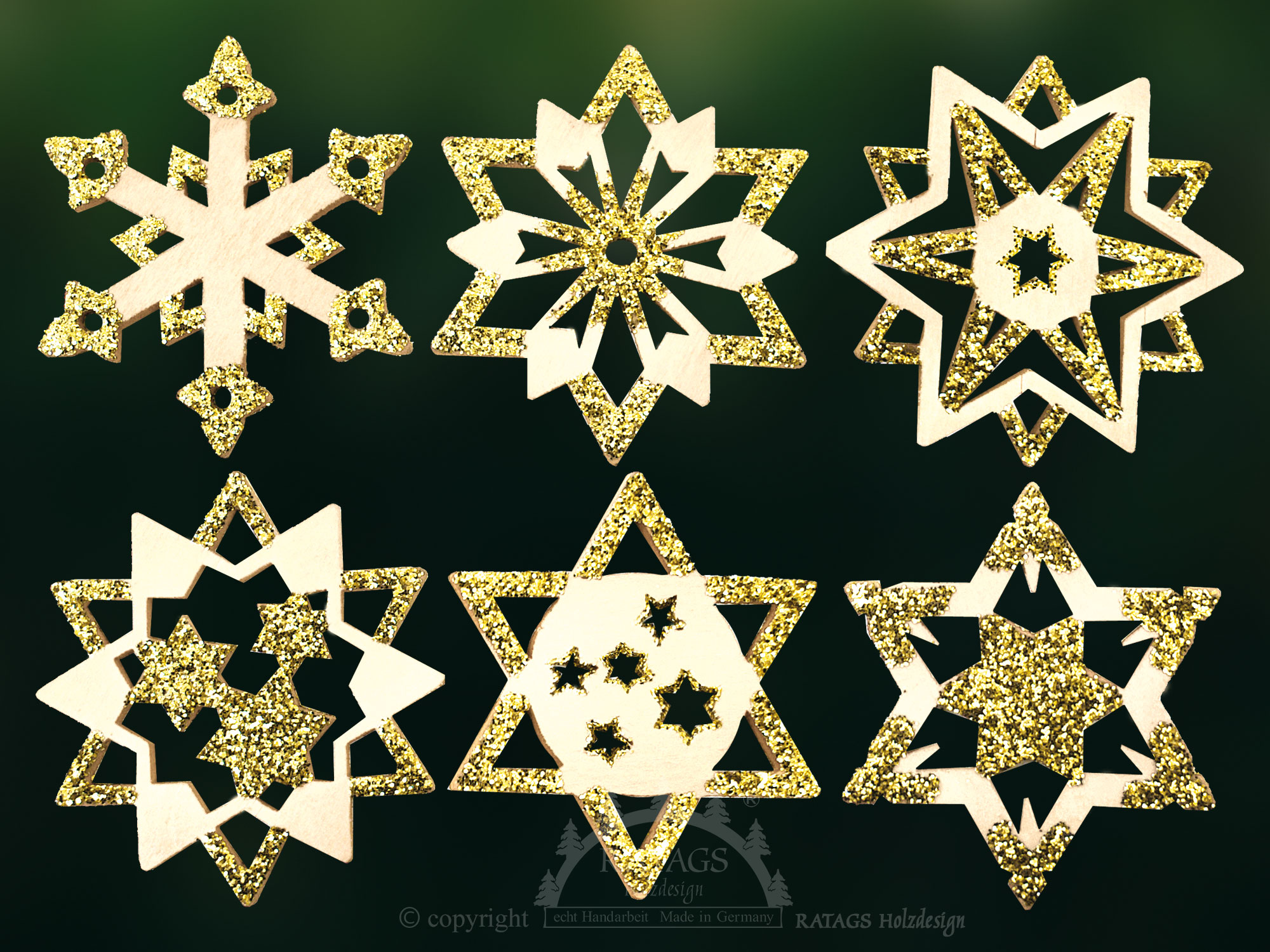 Tree decorations, set of 6, stars, natural gold