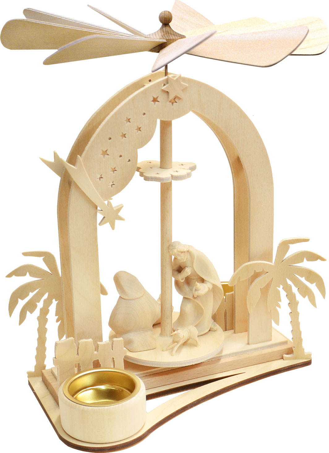 Star arch pyramid, Holy Family, 3 Tyrolean figures, natural, tea lights