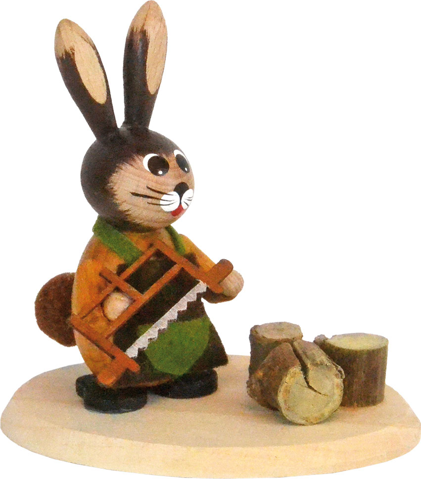 Easter bunny forest worker with wood saw
