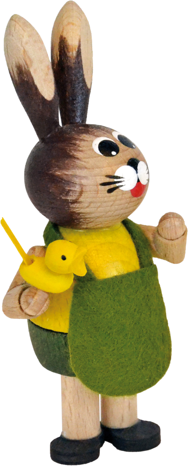 Easter bunny, yellow, with green apron and little birds