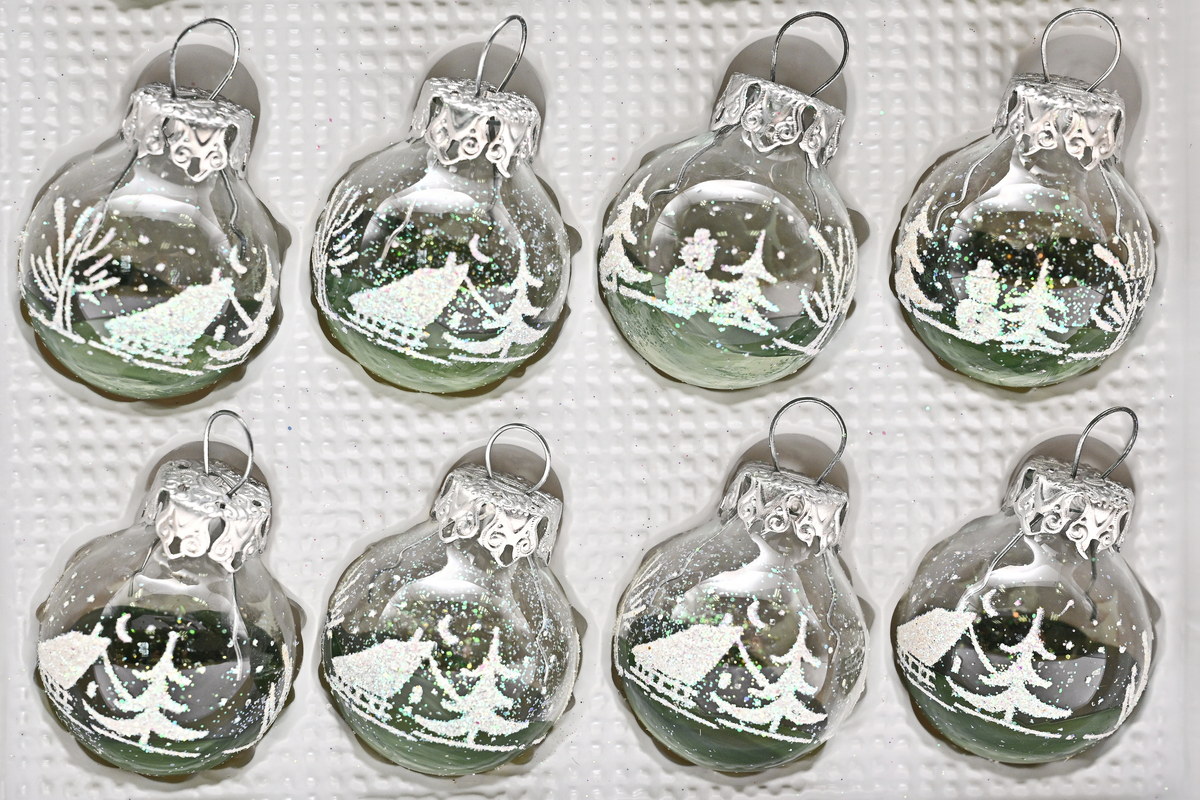 Glass baubles, green houses, 12 pcs, 3 cm