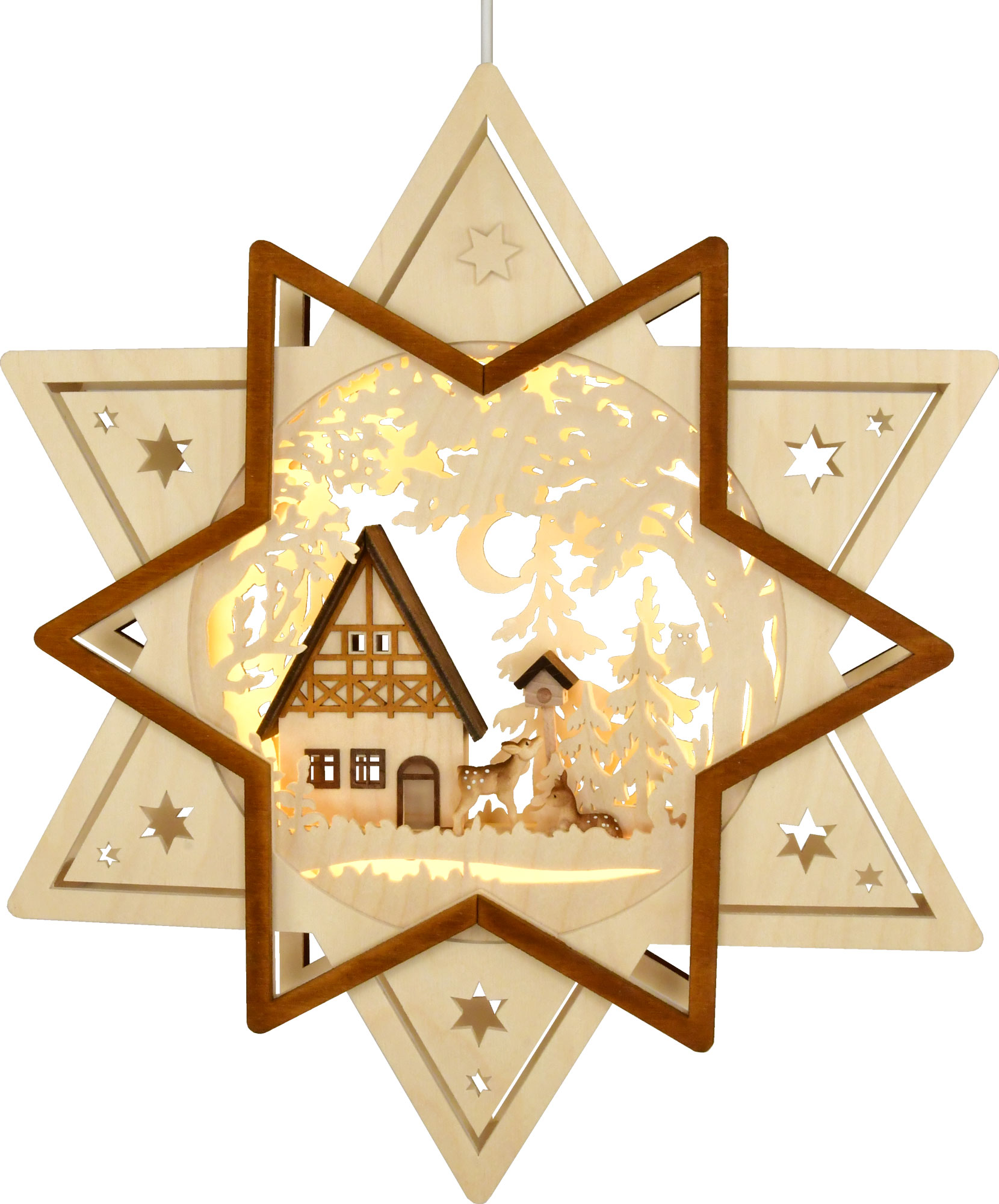 Window picture, illuminated, star with house, forest and deer, LED strip lighting